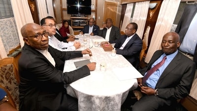 African Heads of State and Government, including South Africa's President Cyril Ramaphosa, participating in the African Leaders Peace Mission, hold a consultation while en route from Warsaw to Kyiv by train. (via REUTERS)