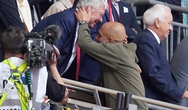 Pep Guardiola (R), manager of Manchester City, is greeted by Sir Alex Ferguson following the FA Cup final. (Getty) Pep Guardiola (R), manager of Manchester City, is greeted by Sir Alex Ferguson following the FA Cup final. (Getty)