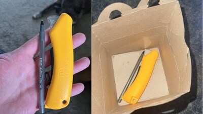 The mother took to Facebook to post photos of the bright yellow box cutter she found in the meal (Dawn Paret/Facebook) The mother took to Facebook to post photos of the bright yellow box cutter she found in the meal (Dawn Paret/Facebook)