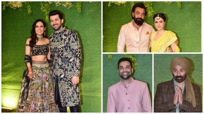 Karan Deol and Drisha Acharya with Sunny Deol, Bobby Deol and Abhay Deol. Karan Deol and Drisha Acharya with Sunny Deol, Bobby Deol and Abhay Deol.