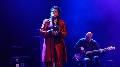 Arooj Aftab and Shahzad Ismaily (right) perform at Barbican Hall, as part of the Love in Exile tour in London, on June 2, 2023. Aftab is seen wearing Palestinian designer Yasmeen Mjalli's creation for the show (Photo by Paroma Mukherjee ) Arooj Aftab and Shahzad Ismaily (right) perform at Barbican Hall, as part of the Love in Exile tour in London, on June 2, 2023. Aftab is seen wearing Palestinian designer Yasmeen Mjalli's creation for the show (Photo by Paroma Mukherjee )