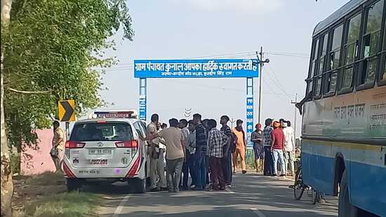 A police at the site of incident in Kunal village of Fatehabad on Friday.