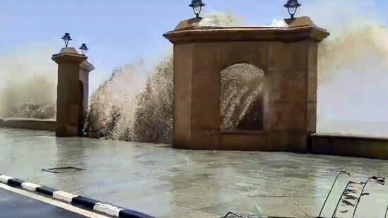 High tidal waves were seen hitting the coast as an effect of cyclone Biparjoy in Daman on Thursday.(ANI )