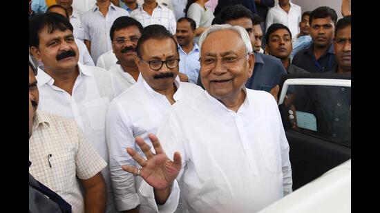 Bihar chief minister Nitish Kumar interacts with the media in Patna on Friday. (Santosh Kumar/HT Photo)
