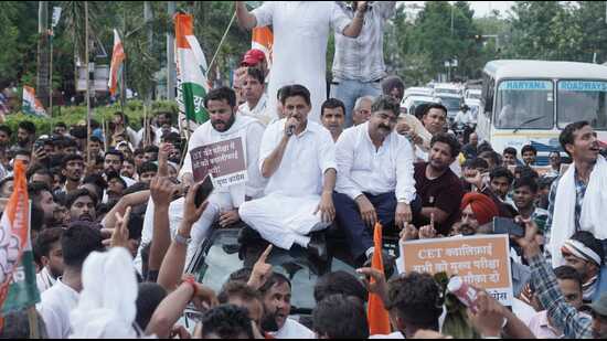 Congress Rajya Sabha MP Deepender Hooda during a protest march in Karnal on Friday.