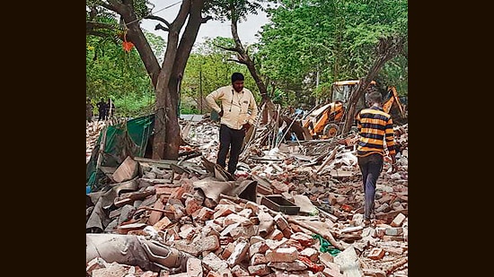Debris after the demolition drive at Vasant Vihar’s Priyanka Gandhi Camp, in New Delhi on Friday. (Vipin Kumar/HT)