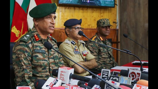 GOC 28 Div Maj Gen Girish Kalia during a press conference in Kupwara on Friday. The Army foiled a major infiltration bid by killing five heavily armed terrorists near LoC in Kupwara. (PTI)