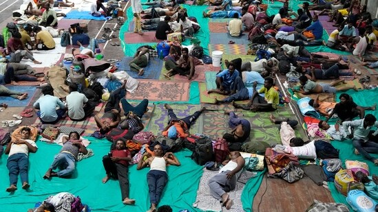 People were evacuated from Kandla port at a shelter in Gujarat's Gandhidham.&nbsp;(AP)