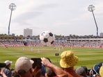An inflatable football is pictured in the stands during the game