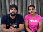Wrestlers Satyawart Kadian and Sakshi Malik speaks during a video message on Saturday