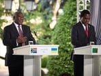South African President Cyril Ramaphosa, left, and Zambia's President Hakainde Hichilema attend a joint news conference. South African President Cyril Ramaphosa, left, and Zambia's President Hakainde Hichilema attend a joint news conference.