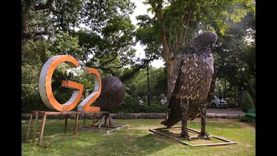 Germany’s federal eagle, made using 600kg of iron scrap, will be installed at the upcoming G20 park in Chanakyapuri. (Photo: Raajessh Kashyap/HT) Germany’s federal eagle, made using 600kg of iron scrap, will be installed at the upcoming G20 park in Chanakyapuri. (Photo: Raajessh Kashyap/HT)