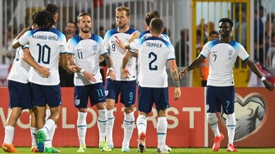 England's forward Harry Kane (C) celebrates with teammates after scoring a penalty during the UEFA Euro 2024 Group C qualifiers match (AFP) England's forward Harry Kane (C) celebrates with teammates after scoring a penalty during the UEFA Euro 2024 Group C qualifiers match (AFP)