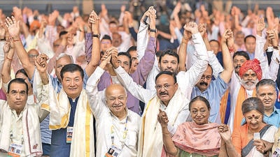 Mumbai, India - June 17, 2023: Former vice president M. Venkaiah Naidu with Former Minister of Home Affairs of India Sushilkumar Shinde, former president of Central Tibetan Administration Lobsang Sangay, CPI (M) leader Brinda Karat, Meira Kumar, during the closing day of the National Legislators' Conference at Jio Center, BKC in Mumbai, India, on Saturday, June 17, 2023. (Photo by Satish Bate/ Hindustan Times) (Hindustan Times) Mumbai, India - June 17, 2023: Former vice president M. Venkaiah Naidu with Former Minister of Home Affairs of India Sushilkumar Shinde, former president of Central Tibetan Administration Lobsang Sangay, CPI (M) leader Brinda Karat, Meira Kumar, during the closing day of the National Legislators' Conference at Jio Center, BKC in Mumbai, India, on Saturday, June 17, 2023. (Photo by Satish Bate/ Hindustan Times) (Hindustan Times)