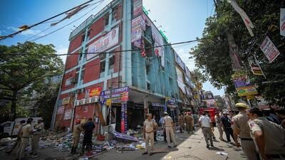 The coaching centre where massive fire was gutted at Mukherjee Nagar in New Delhi on Thursday. (Sanchit Khanna/HT PHOTO) The coaching centre where massive fire was gutted at Mukherjee Nagar in New Delhi on Thursday. (Sanchit Khanna/HT PHOTO)