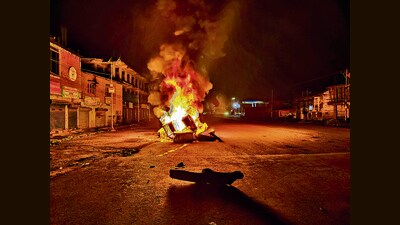 Tyres set on fire by miscreants in Imphal East district, Manipur, on Friday night. (PTI) Tyres set on fire by miscreants in Imphal East district, Manipur, on Friday night. (PTI)