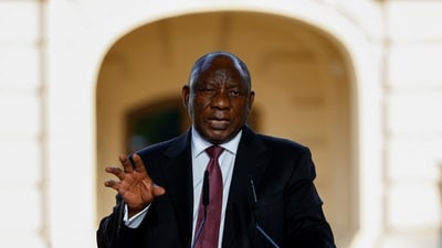 South African President Cyril Ramaphosa attends a joint press conference with other African leaders and Ukraine's President Volodymyr Zelenskiy, amid Russia's attack on Ukraine, in Kyiv, June 16. (REUTERS)