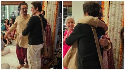 Aamir Khan and Faisal Khan shared hugs at their mother's recent birthday party at home. Aamir Khan and Faisal Khan shared hugs at their mother's recent birthday party at home.