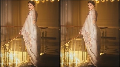 Kriti stuns in a grey chiffon silk saree adorned with gold gota patti embroidery and vibrant Kalamkari-inspired patterns. The saree beautifully combines multiple hues, including red, orange, blue, peach, green, and brown. (Instagram/@sukritigrover) Kriti stuns in a grey chiffon silk saree adorned with gold gota patti embroidery and vibrant Kalamkari-inspired patterns. The saree beautifully combines multiple hues, including red, orange, blue, peach, green, and brown. (Instagram/@sukritigrover)