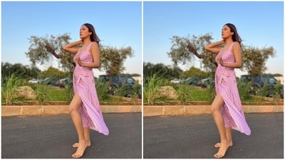 Shehnaaz's dress came with sleeveless details, a plunging neckline, a thigh high slit and a wholesome summer feel to it.&nbsp; (Instagram/@shehnaazgill)