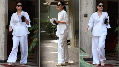 Kareena Kapoor gets clicked in all-white cotton summer outfit and no makeup. (HT Photo/Varinder Chawla)