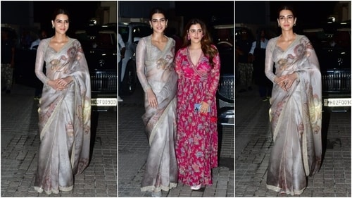 Kriti Sanon attends Adipurush screening in a grey saree and statement blouse. (HT Photo/Varinder Chawla) Kriti Sanon attends Adipurush screening in a grey saree and statement blouse. (HT Photo/Varinder Chawla)