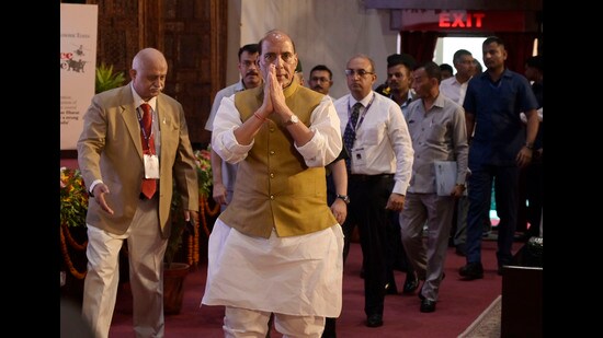 Defence minister Rajnath Singh at Surya Auditorium in Lucknow on Saturday (HT Photo)