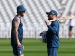 England's Ben Stokes with head coach Brendon McCullum during practice 