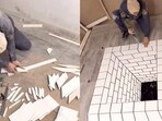 Man makes optical illusion using tiles. Man makes optical illusion using tiles.
