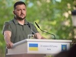 Ukrainian president Volodymyr Zelenskyy attends a news conference.