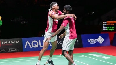 India's Satwiksairaj Rankireddy, right, with Chirag Shetty celebrate after winning men's doubles final match at Indonesia Open (AP) India's Satwiksairaj Rankireddy, right, with Chirag Shetty celebrate after winning men's doubles final match at Indonesia Open (AP)