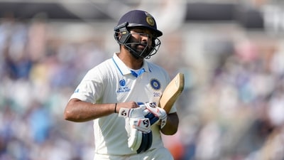 Rohit Sharma reacts after being given out lbw off the bowling of Australia's Nathan Lyon on the fourth day of the ICC World Test Championship Fina (AP) Rohit Sharma reacts after being given out lbw off the bowling of Australia's Nathan Lyon on the fourth day of the ICC World Test Championship Fina (AP)