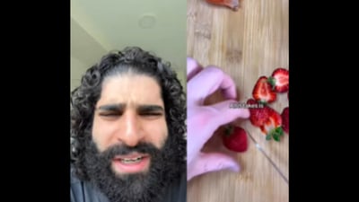 The image shows a man reacting to biryani made with strawberries. (Instagram/@pushpeksidhu_)