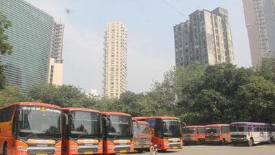 Mumbai, India - 19 Oct. 2017: Maharashtra State Road Transport Corporation (MSRTC) buses parked inside Parel depot as the ST strike continues on 3rd day, in Mumbai, India, on Thursday, Oct 19, 2017. (Photo by Bhushan Koyande/HT) (Hindustan Times) Mumbai, India - 19 Oct. 2017: Maharashtra State Road Transport Corporation (MSRTC) buses parked inside Parel depot as the ST strike continues on 3rd day, in Mumbai, India, on Thursday, Oct 19, 2017. (Photo by Bhushan Koyande/HT) (Hindustan Times)