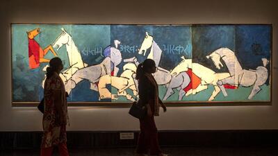 Mumbai, India - June 16, 2023: M F Husain ----- Exhibition of selected works of art from the famed Air India collection "Maharaja's Treasure", at National Gallery of Modern Art, Fort in Mumbai, India, on Friday, June 16, 2023. (Photo by Satish Bate/ Hindustan Times) (Hindustan Times) Mumbai, India - June 16, 2023: M F Husain ----- Exhibition of selected works of art from the famed Air India collection "Maharaja's Treasure", at National Gallery of Modern Art, Fort in Mumbai, India, on Friday, June 16, 2023. (Photo by Satish Bate/ Hindustan Times) (Hindustan Times)