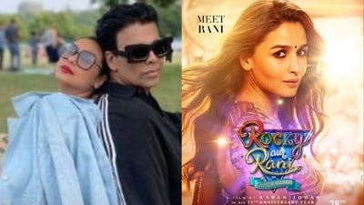 Karan Johar with Rani Mukerji in a park (left); Alia Bhatt on Rocky Aur Rani Kii Prem Kahaani poster. Karan Johar with Rani Mukerji in a park (left); Alia Bhatt on Rocky Aur Rani Kii Prem Kahaani poster.