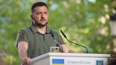 Ukrainian president Volodymyr Zelenskyy attends a news conference. (AP)