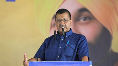 Delhi chief minister and Aam Aadmi Party national convener Arvind Kejriwal during public rally in Rajasthan's Sri Ganganagar city on Sunday.