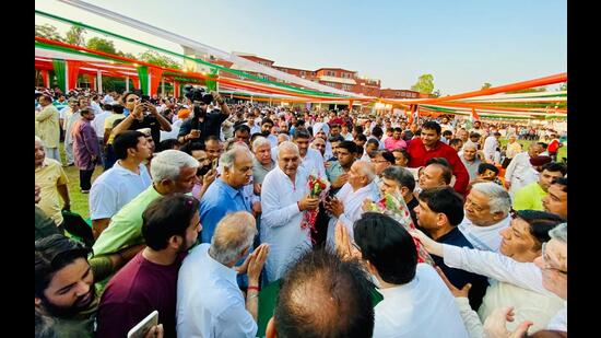 Haryana ex-chief minister Bhupinder Singh Hooda at a public meeting in Panipat on Sunday. (HT photo)