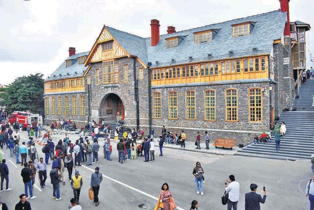 The Town Hall on Mall Road in Shimla is a half-timbered Tudor-style mansion with wooden frames and shingles eaves. (Deepak Sansta/HT Photo) The Town Hall on Mall Road in Shimla is a half-timbered Tudor-style mansion with wooden frames and shingles eaves. (Deepak Sansta/HT Photo)