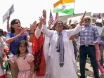 People from the Indian American diaspora dance in joy as they hold a unity rally ahead of Prime Minister Narendra Modi's historic visit to the United States, in Washington on Monday. 