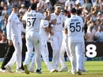 England's Stuart Broad, centre, celebrates after taking the wicket of Australia's Steven Smith during day four of the first Ashes Test cricket match, at Edgbaston, Birmingham, England, Monday, June 19, 2023. (AP Photo/Rui Vieira) England's Stuart Broad, centre, celebrates after taking the wicket of Australia's Steven Smith during day four of the first Ashes Test cricket match, at Edgbaston, Birmingham, England, Monday, June 19, 2023. (AP Photo/Rui Vieira)