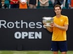 Britain's Andy Murray celebrates with the trophy after winning the Nottingham Open in the final against France's Arthur Cazaux