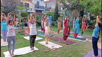 A yoga training session in progress in Ludhiana on Monday. (HT Photo) A yoga training session in progress in Ludhiana on Monday. (HT Photo)