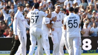 England's Stuart Broad, centre, celebrates after taking the wicket of Australia's Steven Smith during day four of the first Ashes Test cricket match, at Edgbaston, Birmingham, England, Monday, June 19, 2023. (AP Photo/Rui Vieira) (AP) England's Stuart Broad, centre, celebrates after taking the wicket of Australia's Steven Smith during day four of the first Ashes Test cricket match, at Edgbaston, Birmingham, England, Monday, June 19, 2023. (AP Photo/Rui Vieira) (AP)