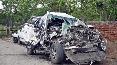 Gurugram, India-June 19, 2023: A speeding fortuner car rammed into a truck at National Highway-48 near Ambience Mall, 27-year-old Sunny died in this accident, in Gurugram, India, on Monday, 19 June 2023. (Photo by Parveen Kumar/Hindustan Times)(Pic to go with Debashish Karmakar's story) Gurugram, India-June 19, 2023: A speeding fortuner car rammed into a truck at National Highway-48 near Ambience Mall, 27-year-old Sunny died in this accident, in Gurugram, India, on Monday, 19 June 2023. (Photo by Parveen Kumar/Hindustan Times)(Pic to go with Debashish Karmakar's story)