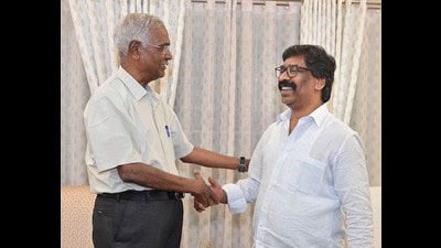 Jharkhand chief minister Hemant Soren meets CPI general secretary D. Raja, in Ranchi, on Sunday. (PTI) Jharkhand chief minister Hemant Soren meets CPI general secretary D. Raja, in Ranchi, on Sunday. (PTI)