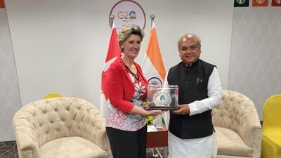 Marie-Claude Bibeau met her Indian counterpart Narendra Singh Tomar on the sidelines of the agri ministers meet. (Agriculture and Agri-Food Canada/Twitter) Marie-Claude Bibeau met her Indian counterpart Narendra Singh Tomar on the sidelines of the agri ministers meet. (Agriculture and Agri-Food Canada/Twitter)