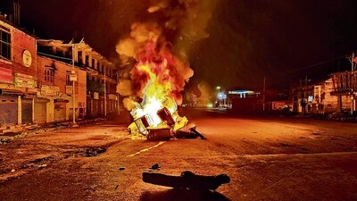 Tyres set on fire by miscreants in Imphal East district, Manipur, on Friday night. (PTI) Tyres set on fire by miscreants in Imphal East district, Manipur, on Friday night. (PTI)