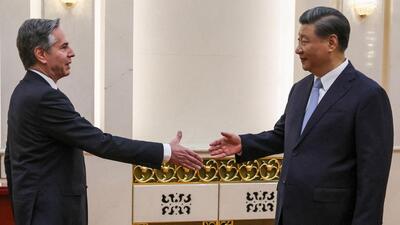 US Secretary of State Antony Blinken (left) shakes hands with China's President Xi Jinping in the Great Hall of the People in Beijing on Monday. (AFP) US Secretary of State Antony Blinken (left) shakes hands with China's President Xi Jinping in the Great Hall of the People in Beijing on Monday. (AFP)